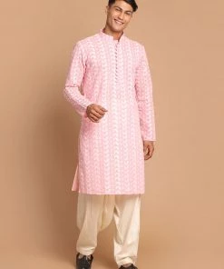 Kurta Sets VASTRAMAY Men's Pink Embroidered Chikankari Cotton Kurta With Cream Patiala