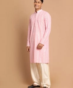 Kurta Sets VASTRAMAY Men's Pink Embroidered Chikankari Cotton Kurta With Cream Patiala