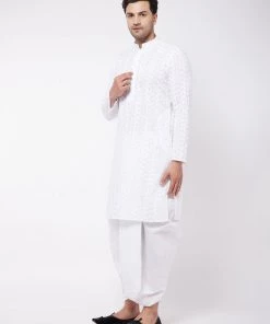 Dhoti Kurta Sets VASTRAMAY Men's White Chikankari Pure Cotton Kurta And Dhoti Set