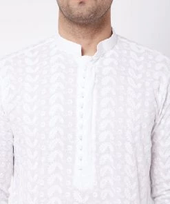 Dhoti Kurta Sets VASTRAMAY Men's White Chikankari Pure Cotton Kurta And Dhoti Set