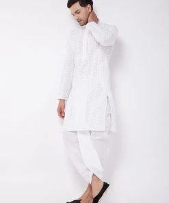 Dhoti Kurta Sets VASTRAMAY Men's White Chikankari Pure Cotton Kurta And Dhoti Set