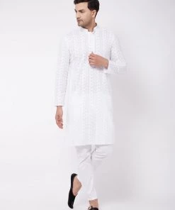VASTRAMAY Men's White Chikankari Kurta Pyjama Set
