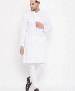 Vastramay Kurta Sets Men's White Chikankari Pure Cotton Kurta Pyjama Set