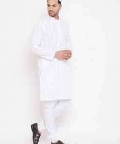Vastramay Kurta Pyjama White Emroidered Kurta And Pyjama Baap Beta Set