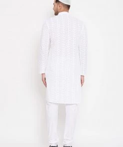 Vastramay Kurta Sets Men's White Chikankari Pure Cotton Kurta Pyjama Set