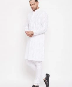 Vastramay Kurta Sets Men's White Chikankari Pure Cotton Kurta Pyjama Set