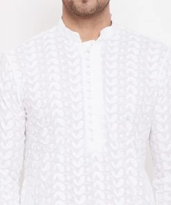 Vastramay Kurta Sets Men's White Chikankari Pure Cotton Kurta Pyjama Set