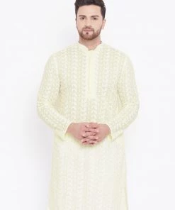 VASTRAMAY Men's Yellow Pure Cotton Chikankari Kurta
