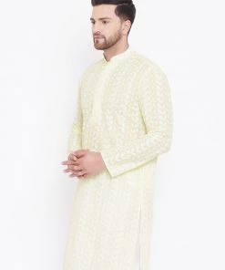 VASTRAMAY Men's Yellow Pure Cotton Chikankari Kurta