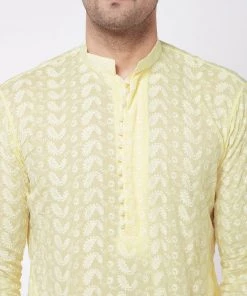 Kurta Sets VASTRAMAY Men's Yellow Chikankari Kurta And White Pyjama Set