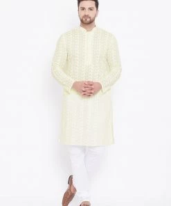 Kurta Sets Vastramay Men's Yellow And White Chikankari Kurta Pyjama Set