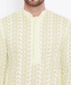 Kurta Sets Vastramay Men's Yellow And White Chikankari Kurta Pyjama Set