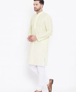 Kurta Sets Vastramay Men's Yellow And White Chikankari Kurta Pyjama Set