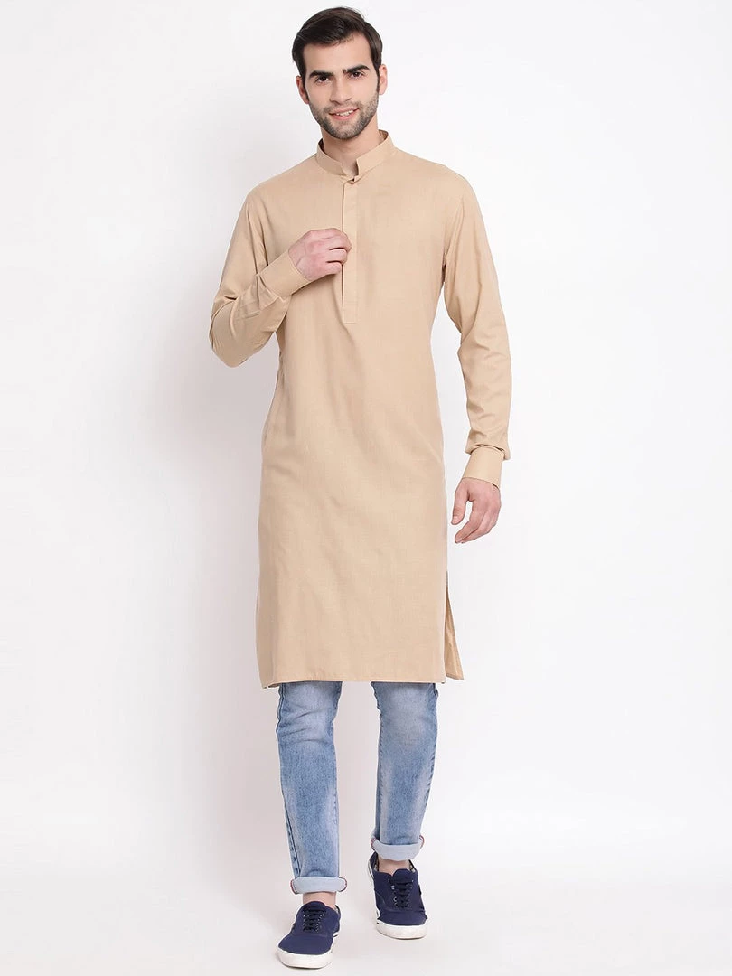 VASTRAMAY Men's Chicku Colour Cotton Blend Kurta 3 VASTRAMAY Men's Chicku Colour Cotton Blend Kurta