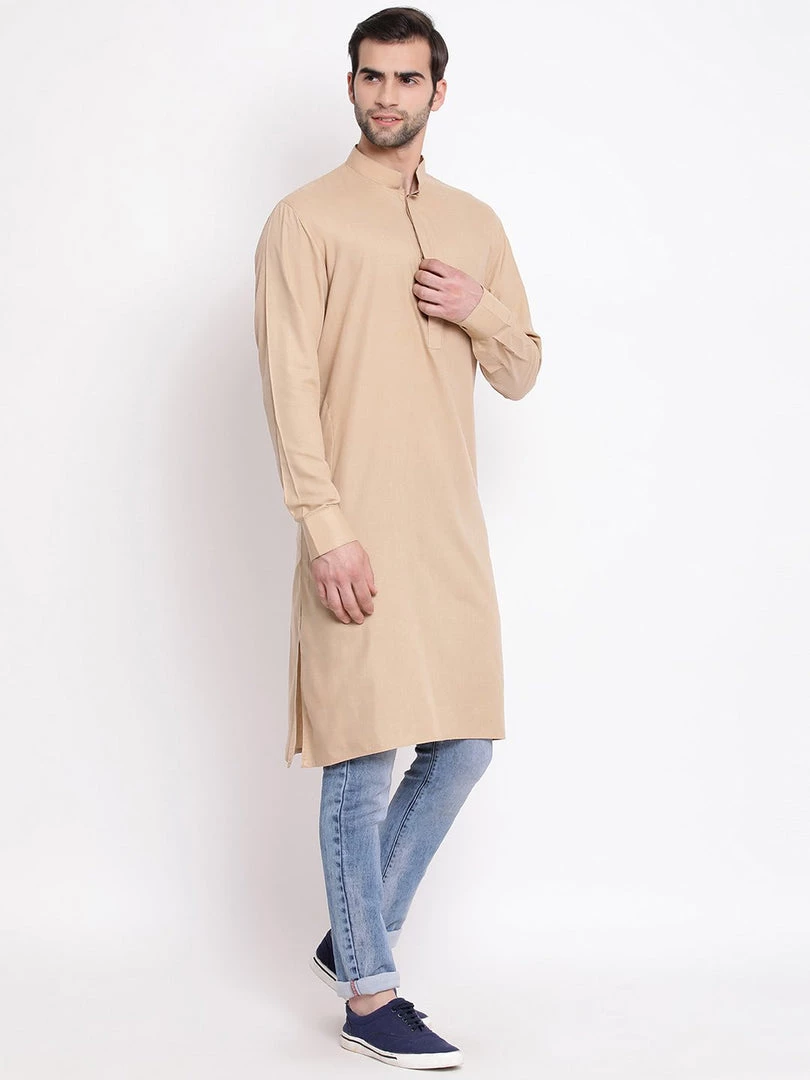 VASTRAMAY Men's Chicku Colour Cotton Blend Kurta 4 VASTRAMAY Men's Chicku Colour Cotton Blend Kurta