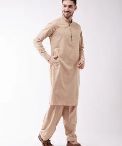 Kurta Sets VASTRAMAY Men's Chicku Colour Cotton Blend Kurta And Pyjama Set