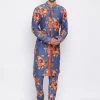 Men VASTRAMAY Blue Floral Printed Kurta Pyjama Set With Leharia Border