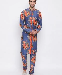 Vastramay Multicolor-Base-Blue Cotton Blend Baap Beta Kurta Pyjama Set