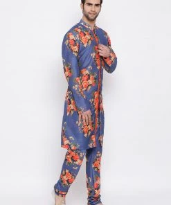 Men VASTRAMAY Blue Floral Printed Kurta Pyjama Set With Leharia Border