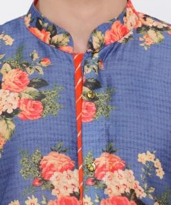 Men VASTRAMAY Blue Floral Printed Kurta Pyjama Set With Leharia Border
