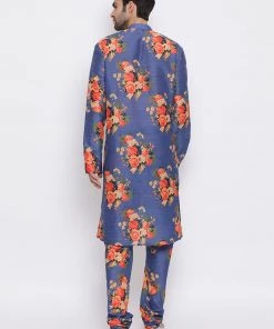 Men VASTRAMAY Blue Floral Printed Kurta Pyjama Set With Leharia Border