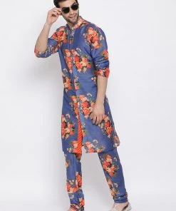 Men VASTRAMAY Blue Floral Printed Kurta Pyjama Set With Leharia Border