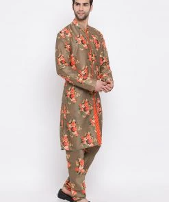 Men VASTRAMAY Beige Floral Printed Kurta Pyjama Set With Leharia Border