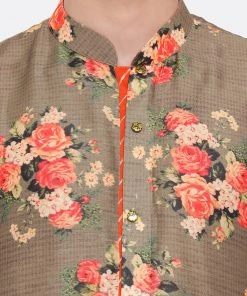 Men VASTRAMAY Beige Floral Printed Kurta Pyjama Set With Leharia Border