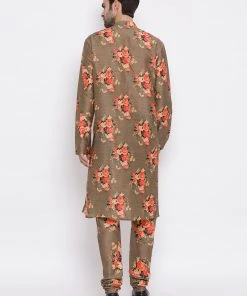 Men VASTRAMAY Beige Floral Printed Kurta Pyjama Set With Leharia Border