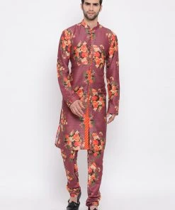 Vastramay Multicolor-Base-Wine Cotton Blend Baap Beta Kurta Pyjama Set
