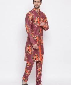 VASTRAMAY Purple Floral Printed Kurta Pyjama Set With Leharia Border