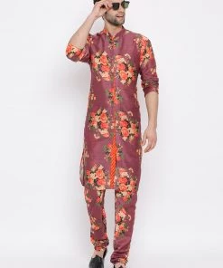 VASTRAMAY Purple Floral Printed Kurta Pyjama Set With Leharia Border