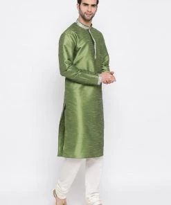 Vastramay Men's Green Silk Kurta Pyjama Set Kurta Sets