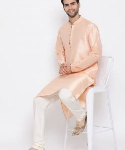 Vastramay Men's Peach Silk Kurta Pyjama Set