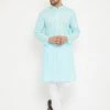 Vastramay Men's Aqua And White Cotton Kurta Churidar Set
