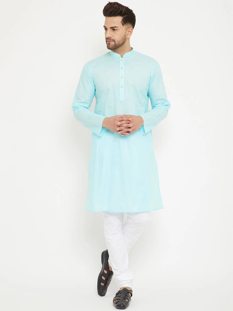 Vastramay Men's Aqua And White Cotton Kurta Churidar Set 3 Vastramay Men's Aqua And White Cotton Kurta Churidar Set