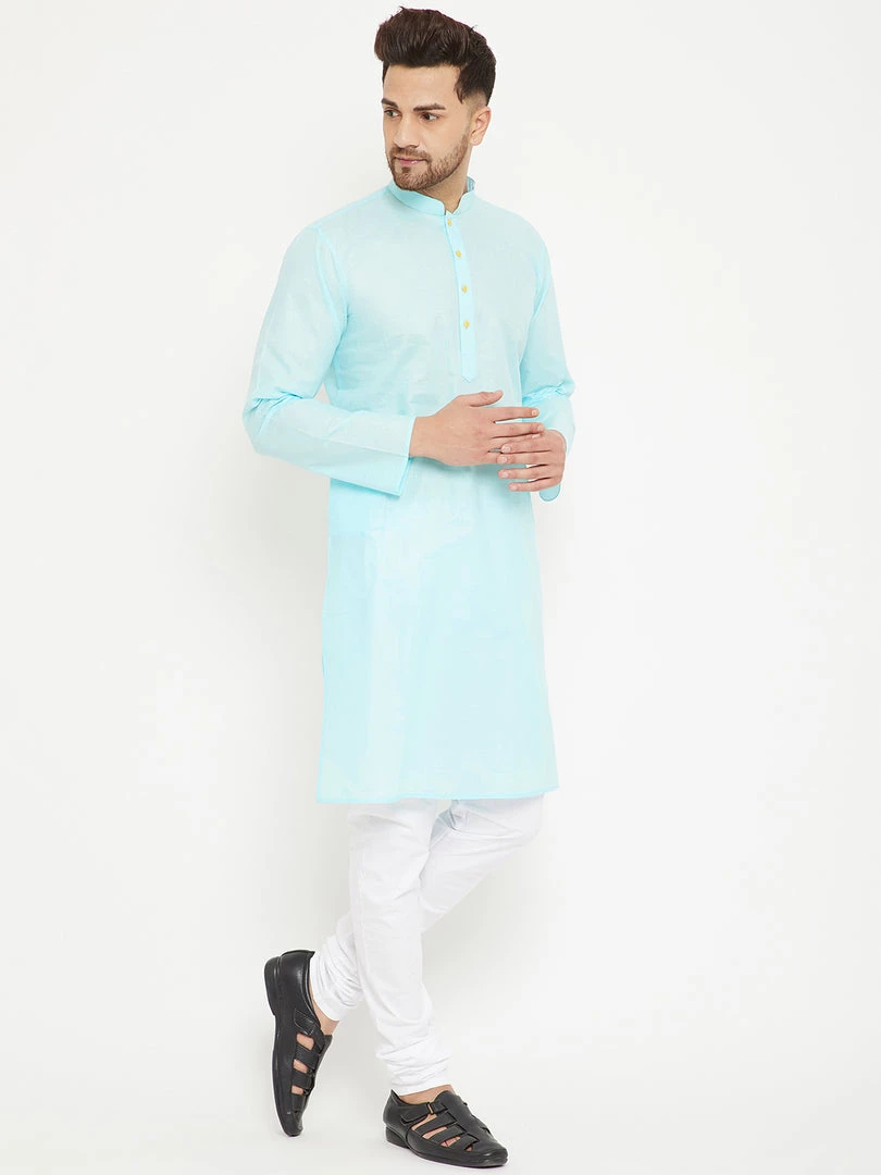 Vastramay Men's Aqua And White Cotton Kurta Churidar Set 4 Vastramay Men's Aqua And White Cotton Kurta Churidar Set