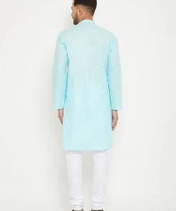 Vastramay Men's Aqua And White Cotton Kurta Churidar Set 12 Vastramay Men's Aqua And White Cotton Kurta Churidar Set