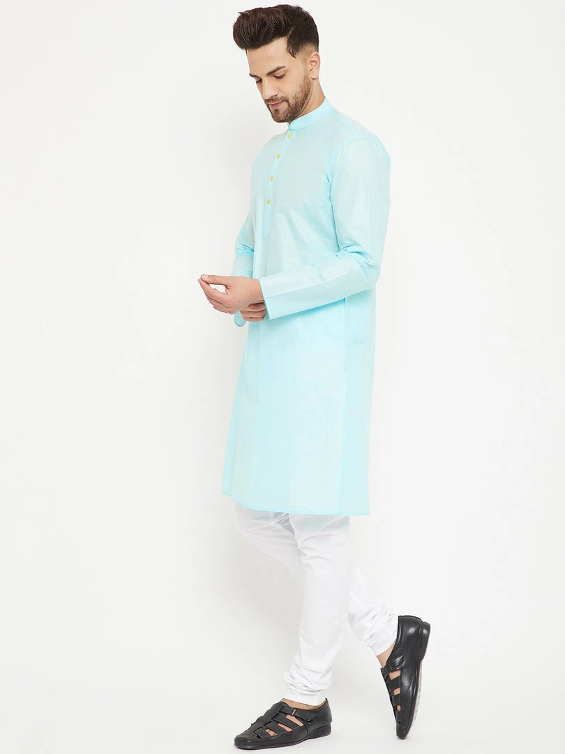 Vastramay Men's Aqua And White Cotton Kurta Churidar Set 6 Vastramay Men's Aqua And White Cotton Kurta Churidar Set