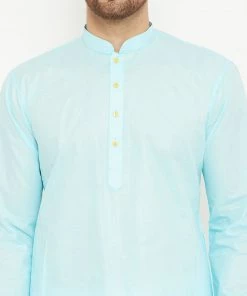 Vastramay Men's Aqua And White Cotton Kurta Churidar Set 14 Vastramay Men's Aqua And White Cotton Kurta Churidar Set