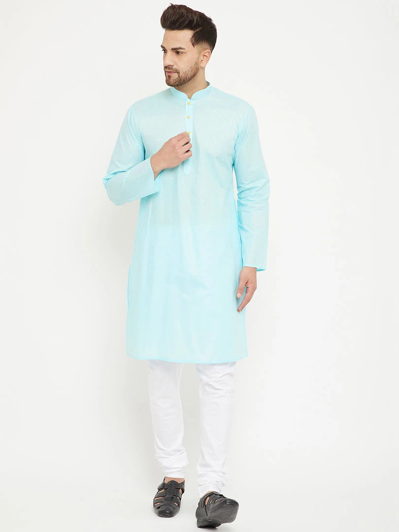 Vastramay Men's Aqua And White Cotton Kurta Churidar Set 9 Vastramay Men's Aqua And White Cotton Kurta Churidar Set