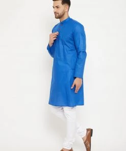 VASTRAMAY Men's Blue And White Cotton Kurta Churidar Set