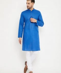 VASTRAMAY Men's Blue And White Cotton Kurta Churidar Set
