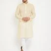 VASTRAMAY Men's Cream And White Cotton Kurta Churidar Set