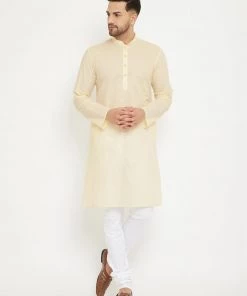 VASTRAMAY Men's Cream And White Cotton Kurta Churidar Set