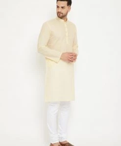 VASTRAMAY Men's Cream And White Cotton Kurta Churidar Set