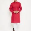 VASTRAMAY Men's Red And White Cotton Kurta Churidar Set