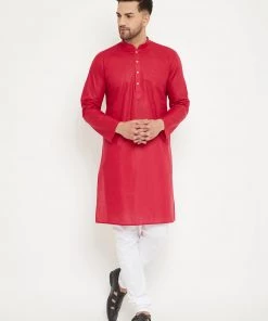 VASTRAMAY Men's Red And White Cotton Kurta Churidar Set