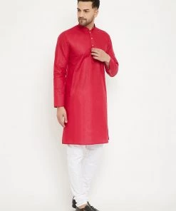VASTRAMAY Men's Red And White Cotton Kurta Churidar Set