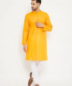 VASTRAMAY Men's Orange And White Cotton Kurta Churidar Set